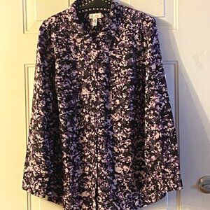 D&Co. Sz 2X Blouse Button Up Shirt Long Sleeve Pockets Purple Abstract